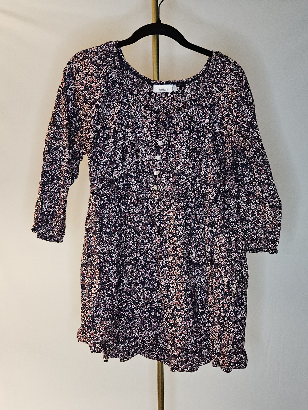 Yessica Floral Patterned Tunic Dress Button Front 3/4 Sleeve